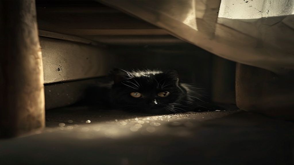 a small black cat hiding under a bed in a dim room, cinematic light, dust particles, quiet atmosphere