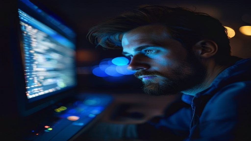 programmer staring at glowing terminal screen at night, focused, cinematic blue light