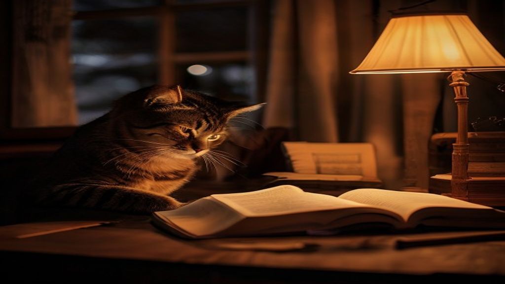 man reading aloud at wooden desk at night, warm lamp light, open notebook, cat nearby, cinematic, leer