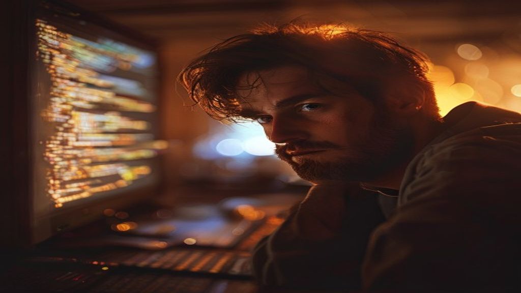 Programmer staring at messy code on screen late afternoon, warm tired light, contemplative mood
