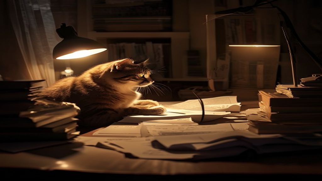 writer at desk late night, crumpled papers, single warm lamp, cat watching, cinematic shadows reescribir un párrafo