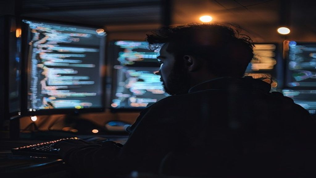 developer staring at glowing monitors late at night, surrounded by code reflections, dark cinematic atmosphere