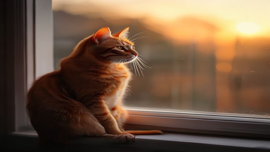 orange tabby cat sitting alone on a windowsill at dusk, warm cinematic light, calm and independent