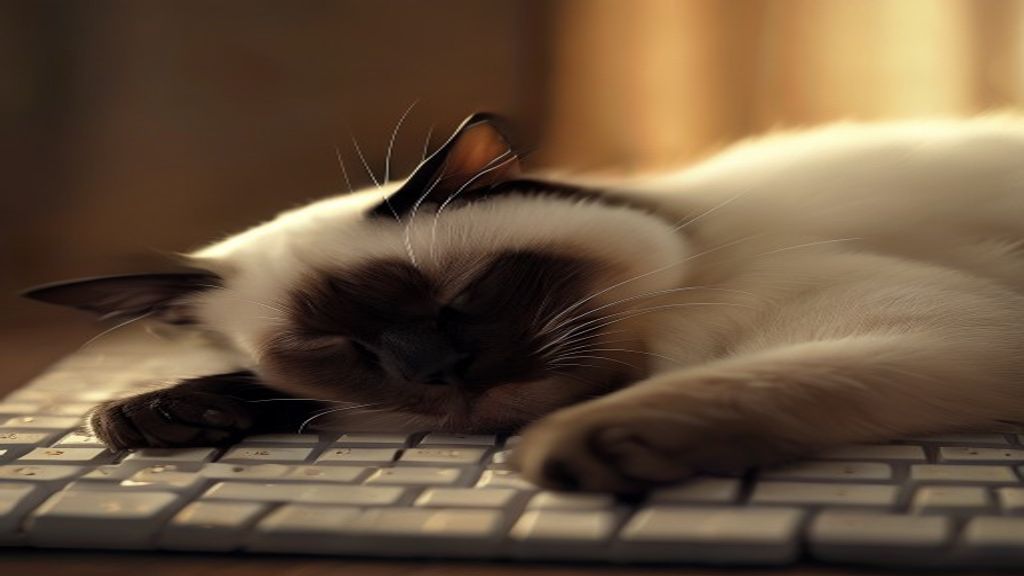 white siamese cat sleeping peacefully on a keyboard, soft warm light, cinematic mood