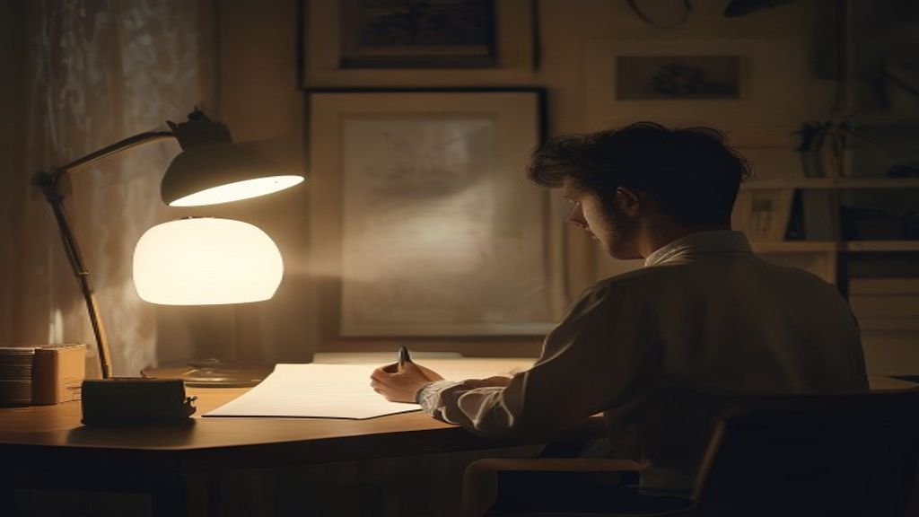 writer at dim desk staring at blank page, single lamp light, atmospheric, cinematic mood