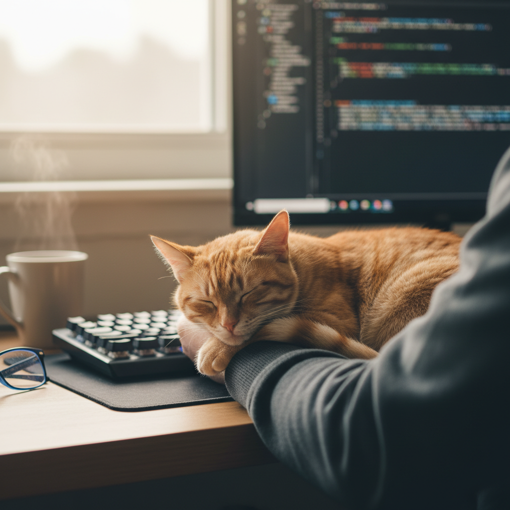 Orange tabby cat sleeping on programmer's arm beside keyboard, warm afternoon light, cinematic, intimate, gatos no perdonan