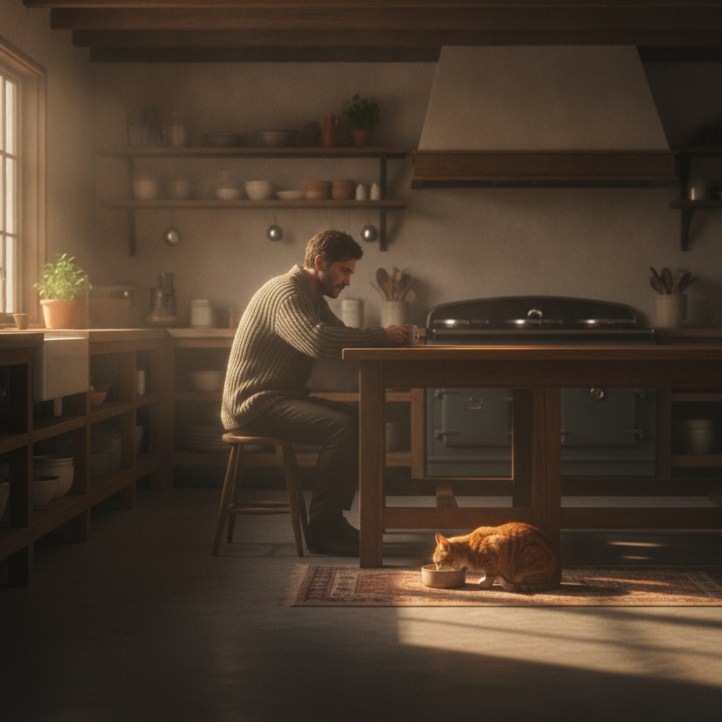 lonely man at dawn in kitchen, cat eating, cinematic warm light, melancholic atmosphere, gato no me necesita