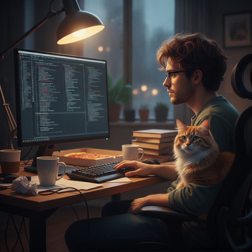 A programmer staring at messy code on screen, warm desk lamp, late night, cat watching nearby, cinematic