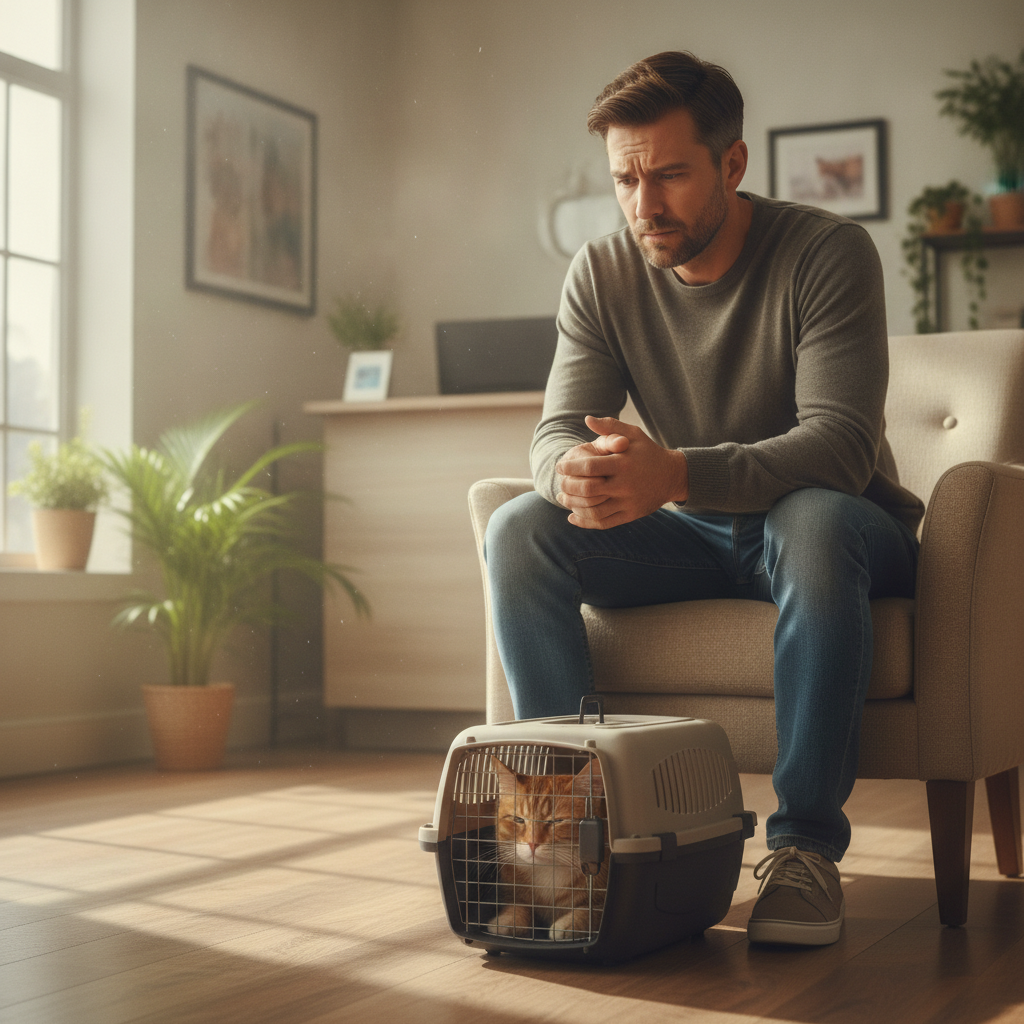 A worried man in a vet waiting room, calm ginger tabby cat in carrier, soft cinematic light