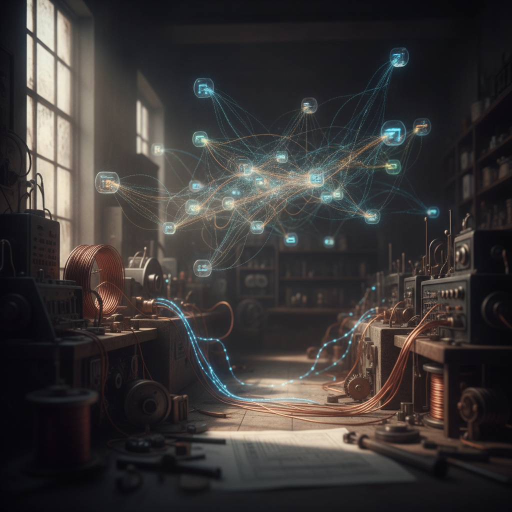 cinematic dark workshop, glowing wires connecting metal boxes, dependency graph visualized as light threads