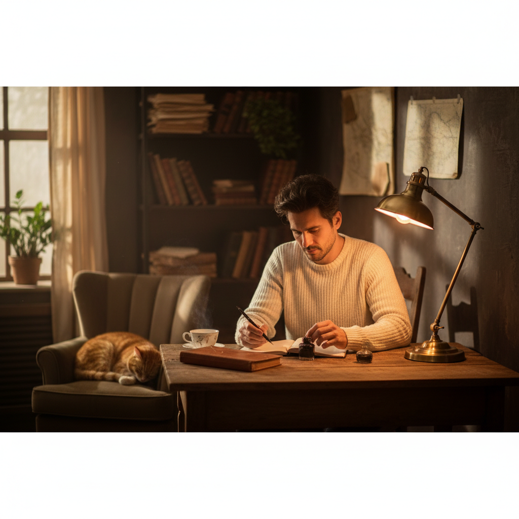 A man writing at night by a single lamp, cat sleeping nearby, warm shadows, intimate, escribir sin publicar