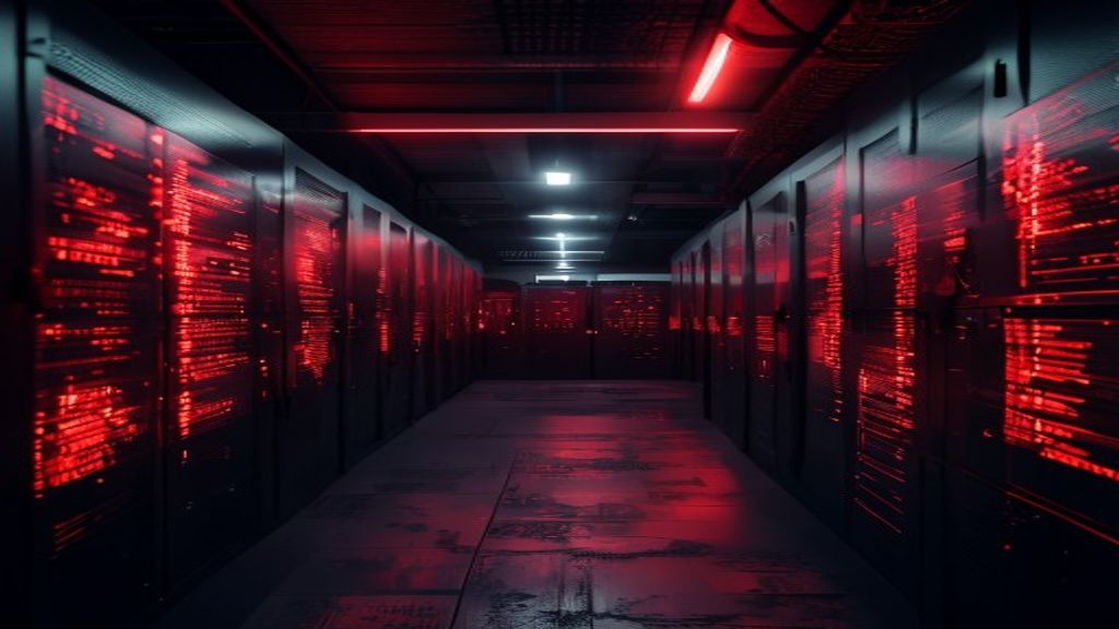 debugging en produccion dark server room glowing with monitors showing red error logs, cinematic atmospheric lighting, debugging en produccion
