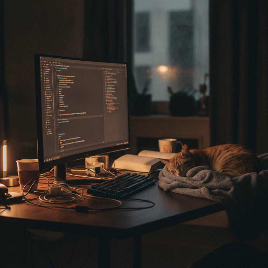 A programmer's desk at night, glowing screen with Java code, sleeping tabby cat nearby, cinematic warm light tipos en java