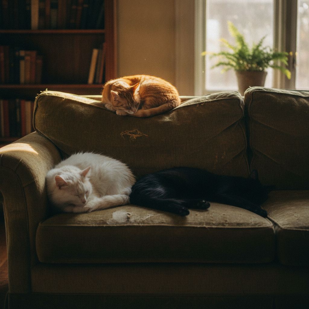 Three cats sleeping at different heights on a worn sofa, warm afternoon light, cinematic