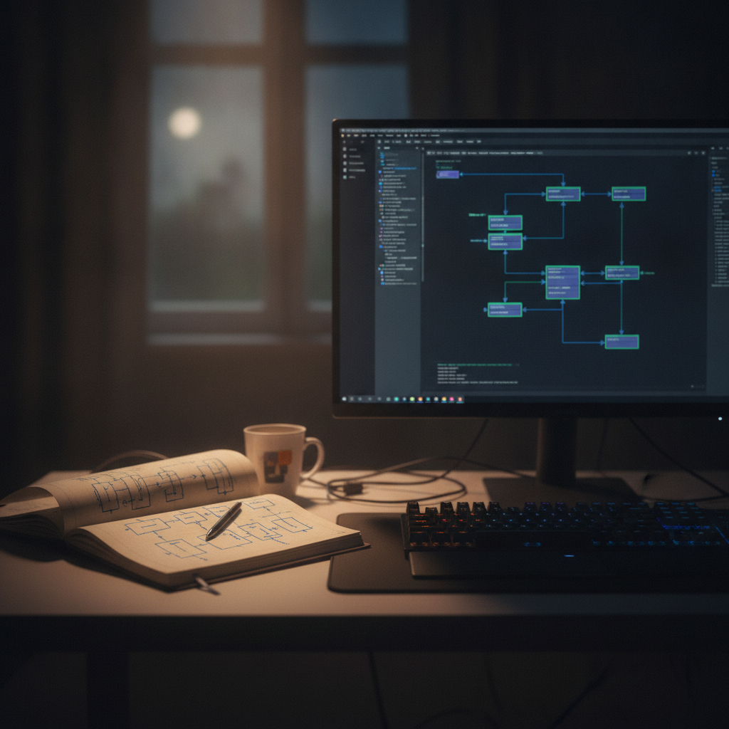 programmer's desk at night, abandoned hand-drawn UML notebook beside glowing screen with auto-generated diagram, cinematic