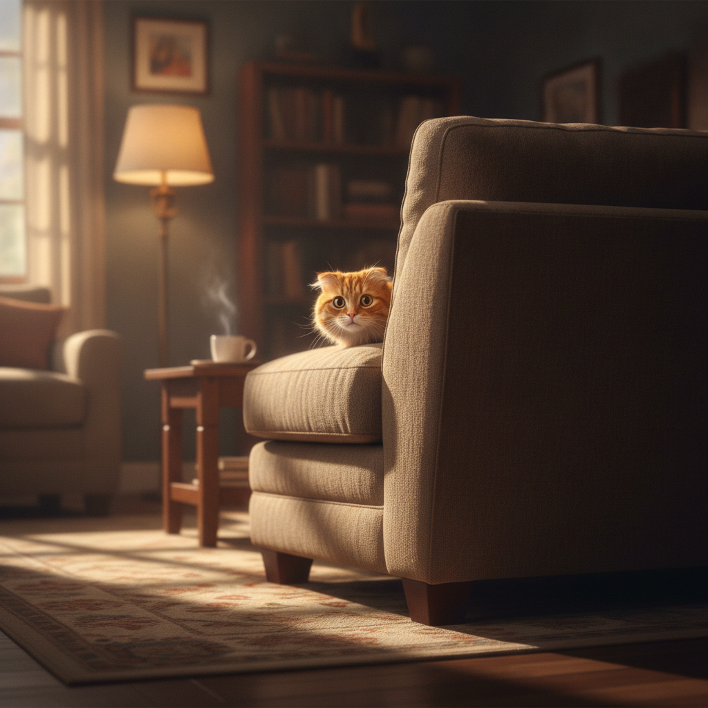 orange tabby cat hiding behind sofa, wide fearful eyes, dim warm living room, cinematic shadows