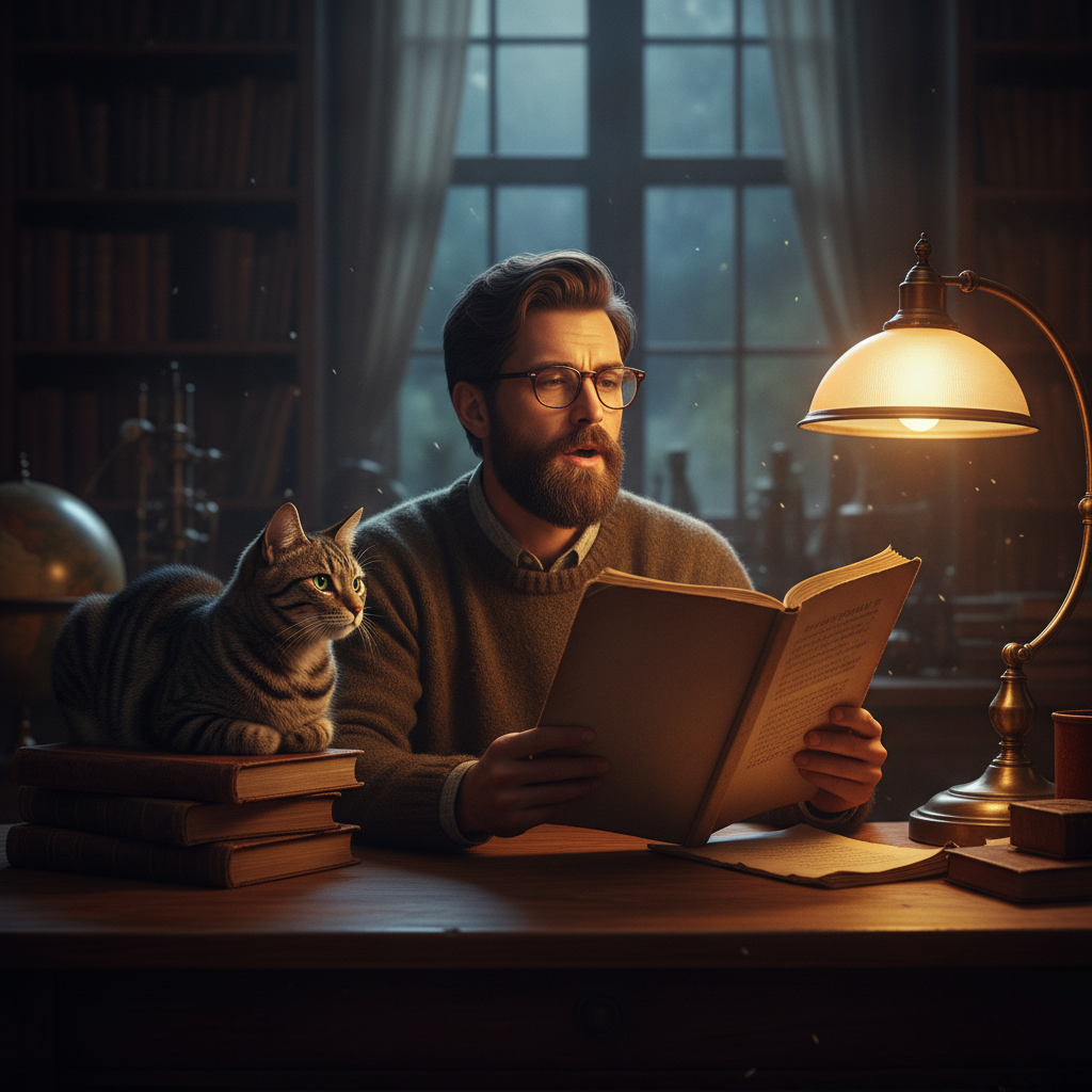 man reading manuscript aloud at night desk, warm lamp, tabby cat watching, cinematic atmosphere